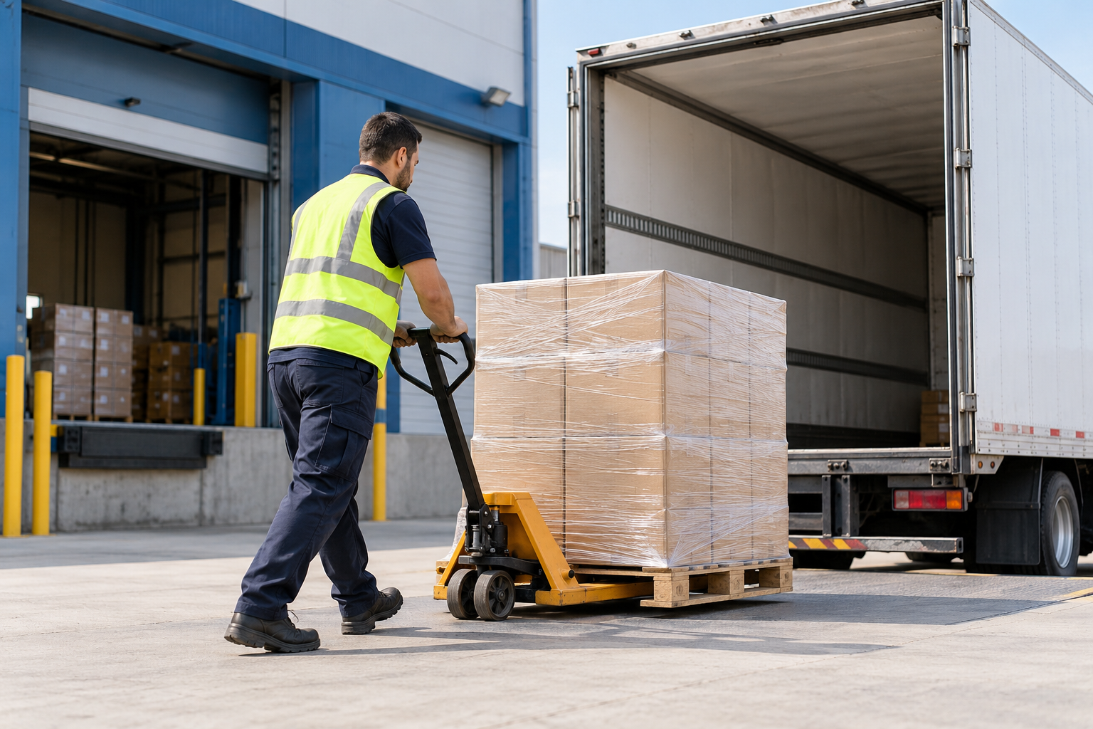 Palletized cartons staged beside a freight trailer at a loading dock