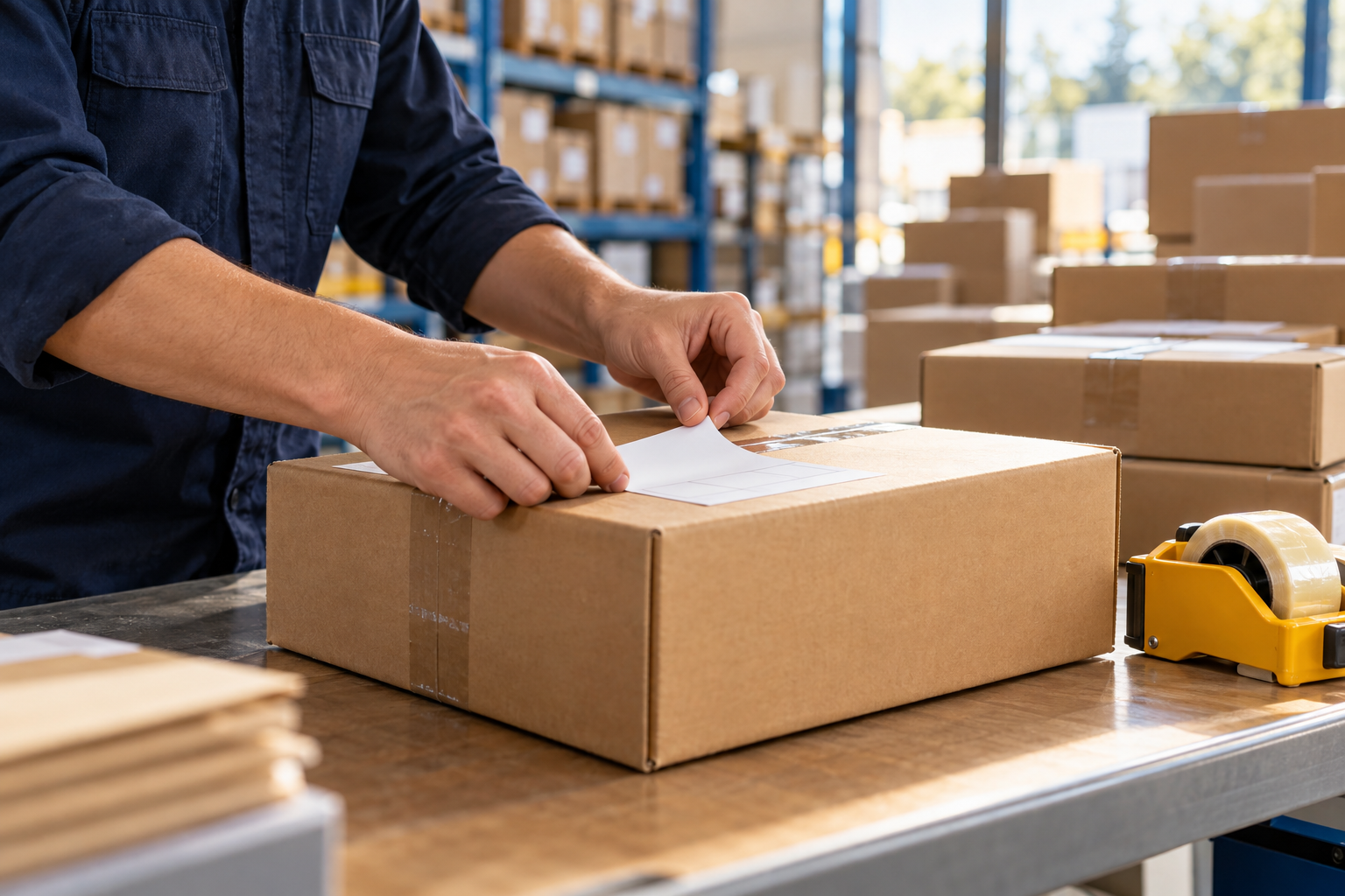 A shipping label being applied to a carefully packed parcel