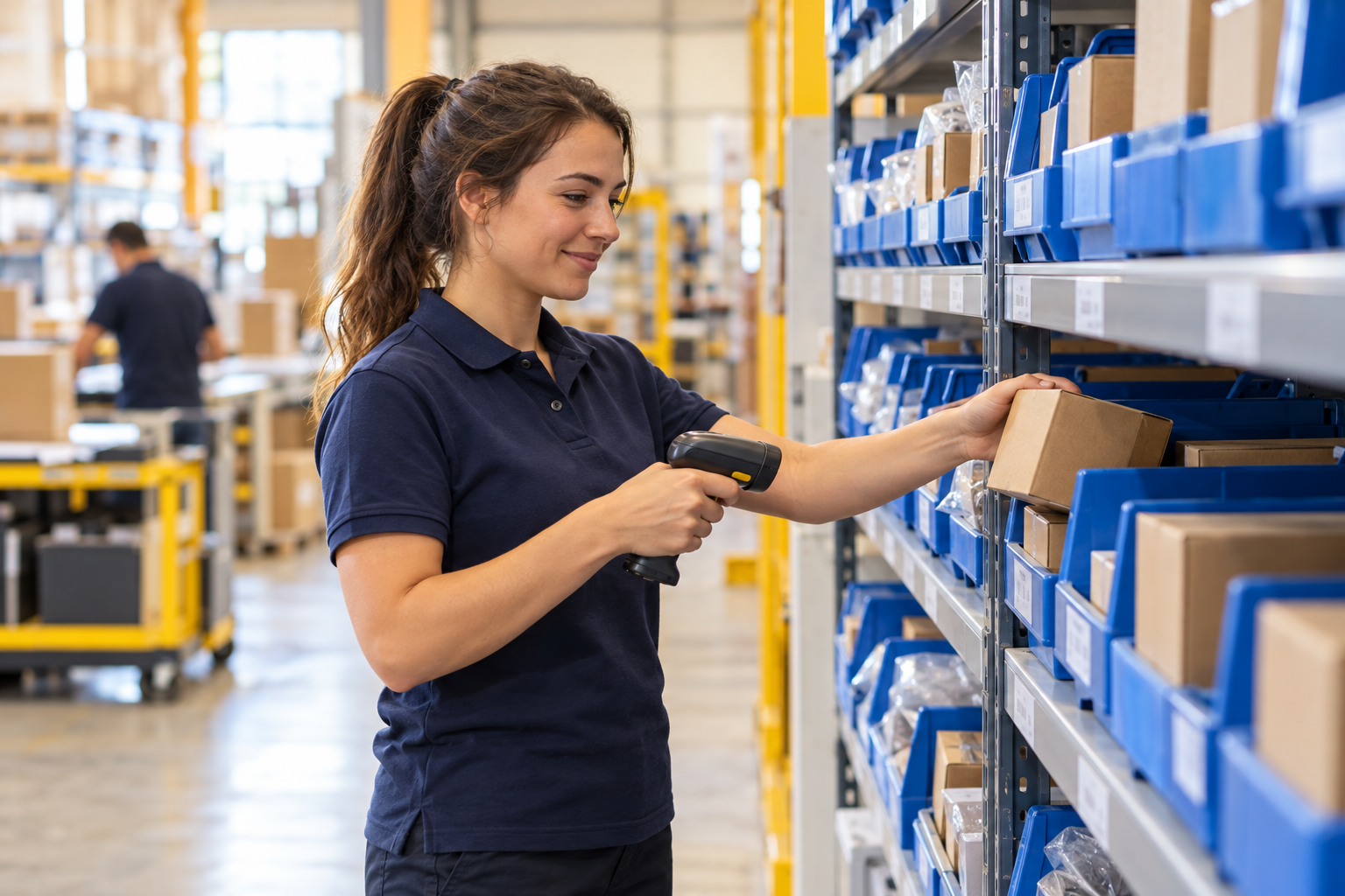 Warehouse worker selecting an order with a handheld scanner