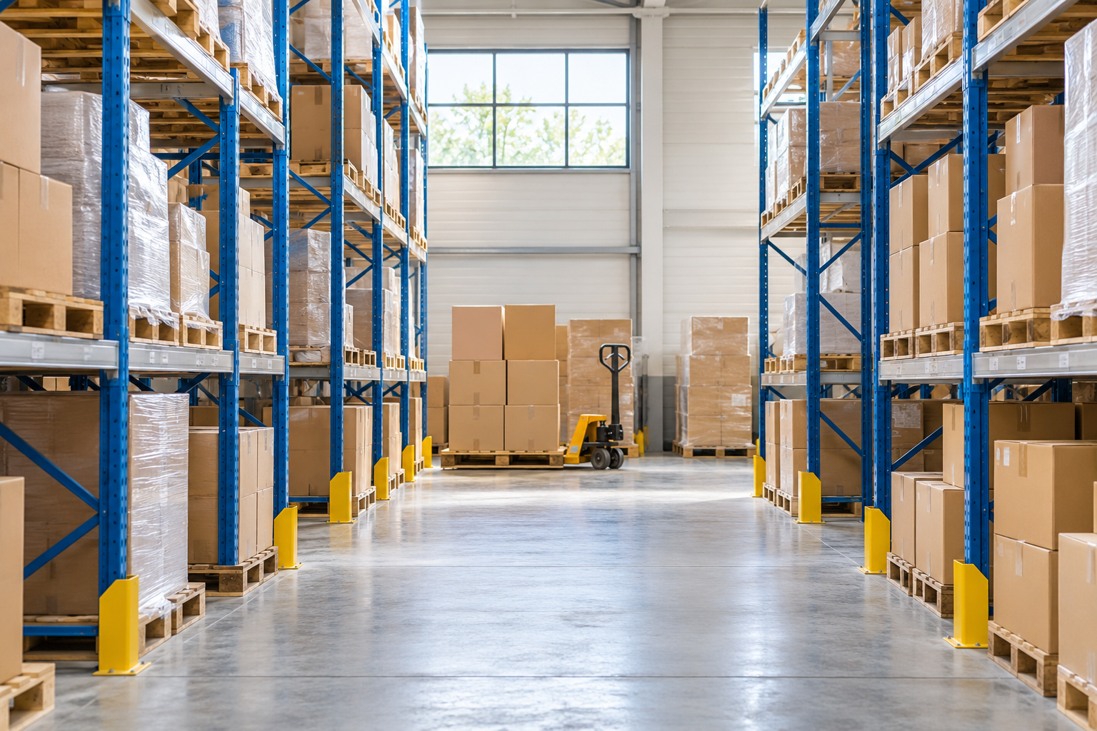Organized warehouse shelving with palletized cartons and clear aisles